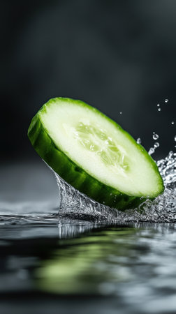 Crisp cucumber slice splashes into refreshing water, creating dynamic ripples, AIの素材