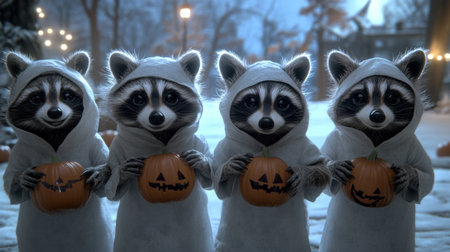 Four raccoons dressed as ghosts hold jack-o-lanterns on a spooky Halloween night, AIの素材