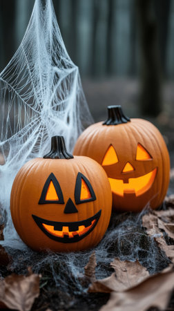 Two glowing jack-o-lanterns sit amidst autumn leaves and cobwebs in a spooky forest, AIの素材