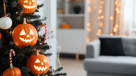 Halloween-themed Christmas tree with glowing pumpkin ornaments and candy canes, AIの素材