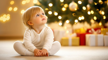 Toddler gazes at Christmas tree lights, surrounded by festive decorations, AIの素材
