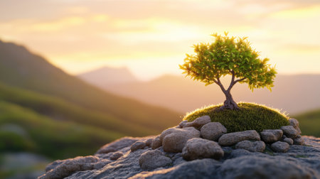 A small tree thrives on a rocky hilltop, basking in the warm glow of a golden sunset, AIの素材