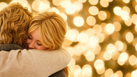 Warm embrace against a backdrop of glowing holiday lights, AIの素材