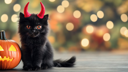 Adorable black kitten with red devil horns sits beside a carved pumpkin, AIの素材