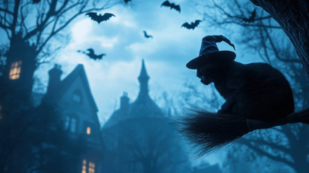 A black cat wearing a witch hat sits on a broomstick against a spooky, moonlit sky, AIの素材