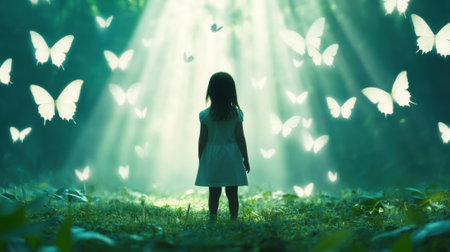 A young girl stands in a magical forest surrounded by glowing butterflies, AIの素材