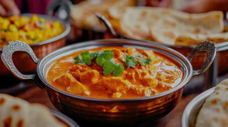 Creamy butter chicken garnished with cilantro in a traditional metal dish, AIの素材