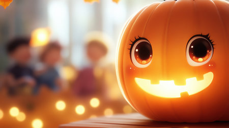 Cheerful pumpkin lantern glowing warmly at a festive autumn gathering, AIの素材