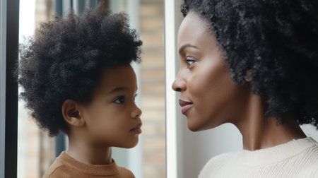 Mother and child share a tender moment, gazing at each other by a window, AIの素材