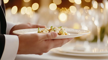 Server presenting an elegant dish at a sophisticated event, AIの素材