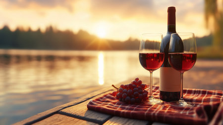 Wine glasses and a bottle on a lakeside table at sunset create a serene atmosphere, AIの素材