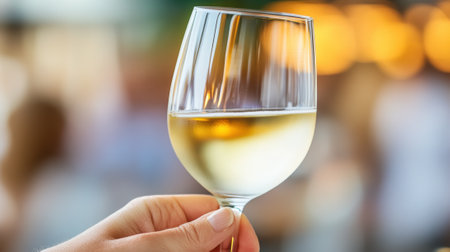 A hand elegantly holds a glass of white wine against a softly blurred background, AIの素材