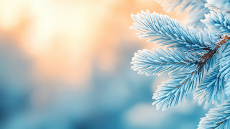 Frost-covered pine branches glisten against a warm, blurred background, AIの素材
