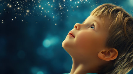 A young child gazes up at a starry night sky, filled with wonder and curiosity, AIの素材