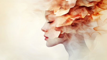Dreamy abstract portrait of a woman with fiery, geometric hair blending into the background, AIの素材