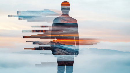 Silhouette of a person with a fragmented landscape overlay, blending nature and humanity, AIの素材