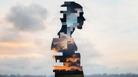Silhouette of a person with a fragmented sky and landscape within, symbolizing introspection, AIの素材