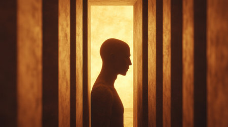 Silhouette of a person standing in a glowing corridor, creating a mysterious ambiance, AIの素材