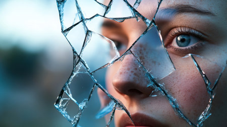Shattered glass reflects a womans intense gaze, symbolizing fragility and resilience, AIの素材