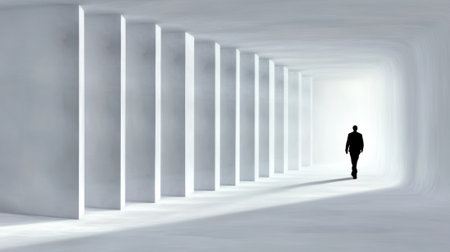 A solitary figure walks through a minimalist, white corridor with geometric pillars, AIの素材