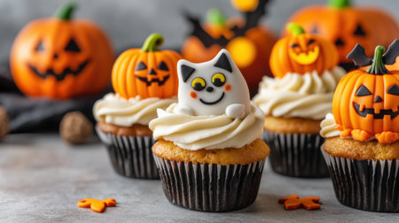 Halloween-themed cupcakes with playful ghost and pumpkin decorations, AIの素材