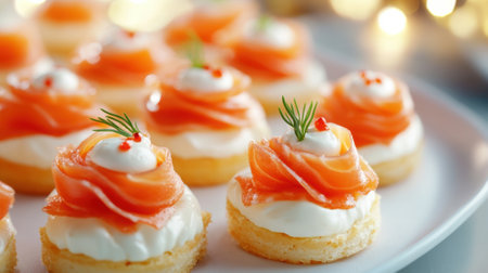 Elegant smoked salmon canapÃ©s topped with cream cheese and dill on a white platter, AIの素材