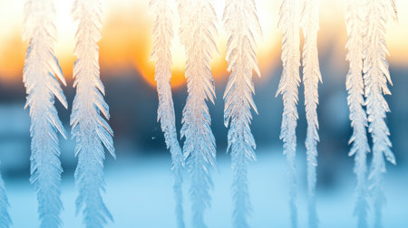 Intricate frost patterns on a window glow against a vibrant sunrise backdrop, AIの素材