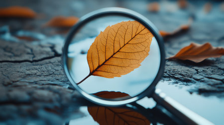 A magnifying glass focuses on a detailed autumn leaf on cracked earth, AIの素材