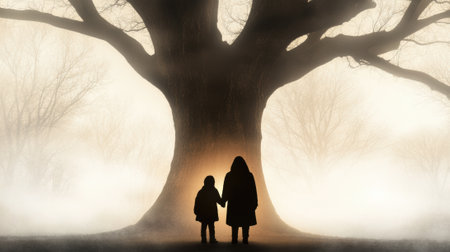 Silhouetted figures stand hand in hand before a majestic tree in a misty landscape, AIの素材