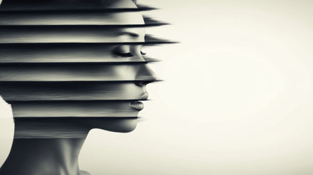 Surreal portrait of a woman with a fragmented face, blending art and imagination, AIの素材