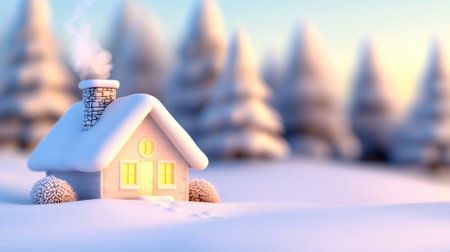 Cozy cabin nestled in a snowy winter wonderland with warm glowing windows, AIの素材