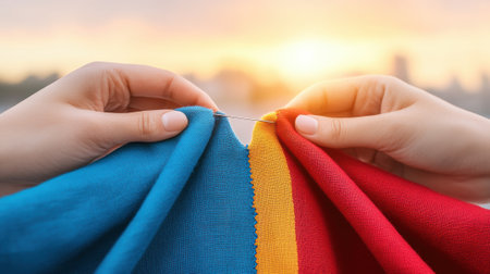 Hands sewing vibrant blue and red fabrics together at sunset, symbolizing unity, AIの素材