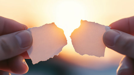 Torn paper pieces held against a glowing sunset, symbolizing separation and hope, AIの素材