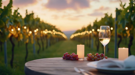 Romantic vineyard dinner setting with wine and candles at sunset, AIの素材