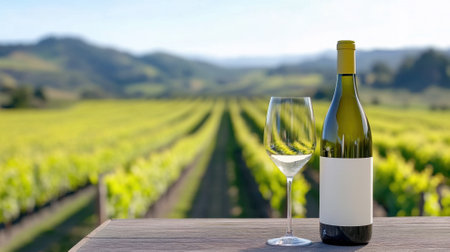 A bottle of white wine and glass on a table overlook a lush vineyard landscape, AIの素材