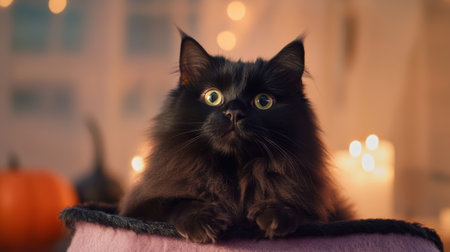 Fluffy black cat with wide eyes sits in a cozy, softly lit room, AIの素材