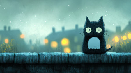 Whimsical black cat sits on a stone wall under a starry night sky, AIの素材