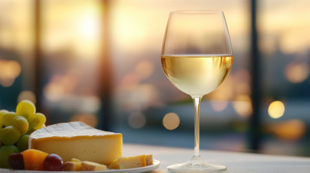 A glass of white wine and cheese platter at sunset creates a perfect evening ambiance, AIの素材