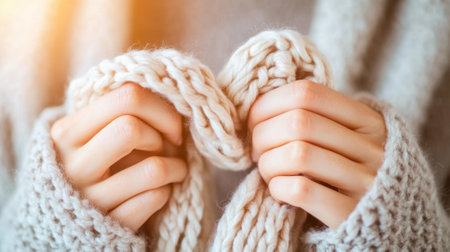 Cozy hands wrapped in a chunky knit scarf evoke warmth and comfort, AIの素材