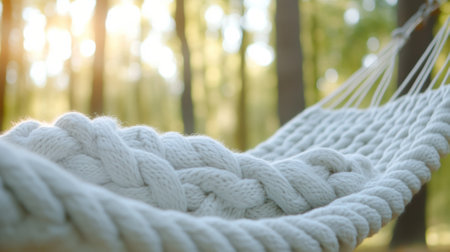 Cozy hammock with thick, braided ropes hangs in a sunlit forest, inviting relaxation, AIの素材
