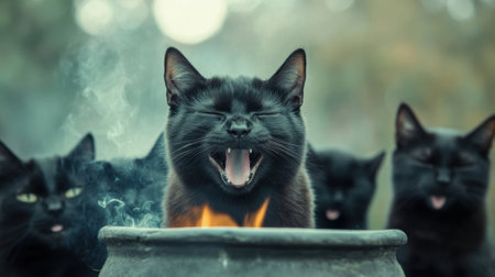 Four black cats gather around a steaming cauldron, one yawning with eyes closed, AIの素材