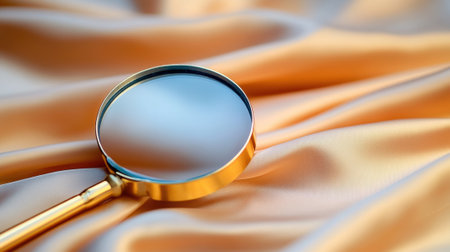 Golden magnifying glass resting on luxurious satin fabric, AIの素材