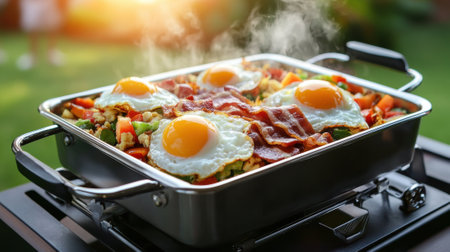 Sizzling breakfast skillet with eggs, bacon, and vegetables on a sunny morning, AIの素材