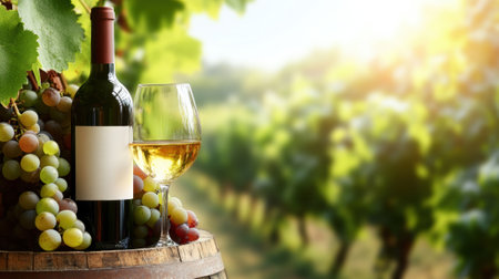 Wine bottle and glass amidst sunlit vineyard, surrounded by ripe grapes, AIの素材