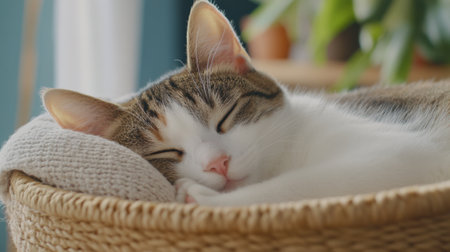 Cat peacefully napping in a cozy wicker basket, surrounded by soft blankets, AIの素材