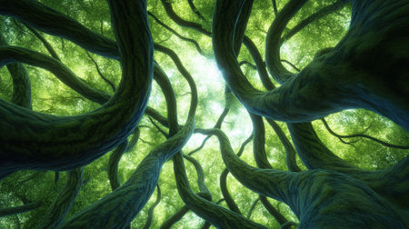 Twisting tree branches reach towards the sky, creating a mesmerizing canopy of green, AIの素材
