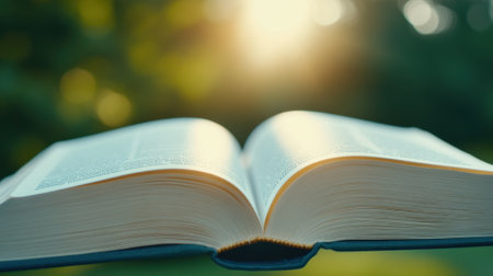 Open book basking in warm sunlight, inviting exploration and reflection, AIの素材