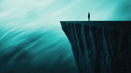 Silhouette of a person standing on the edge of a dramatic cliff under a moody sky, AIの素材