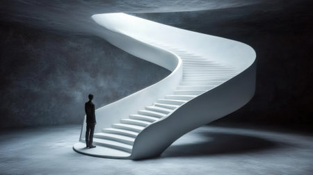 A lone figure stands before a modern, spiraling white staircase in a dimly lit space, AIの素材