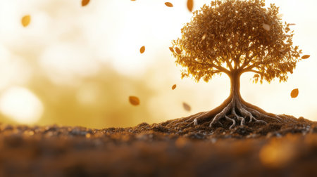 Golden tree with exposed roots stands in a serene autumn landscape, AIの素材